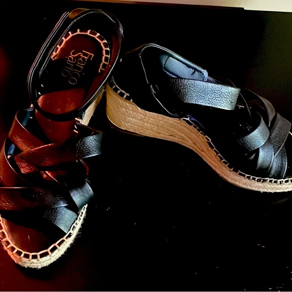 Franco Sarto Carmena Black Ankle Strap Espadrille Wedges with Gold Hardware - Picture 2 of 6